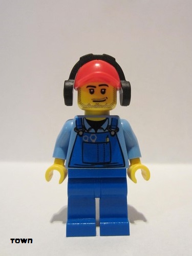 lego 2013 mini figurine cty0421 Cargo Worker Overalls with Tools in Pocket Blue, Red Cap with Hole, Headphones 