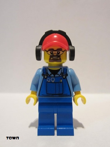 lego 2013 mini figurine cty0422 Cargo Worker Overalls with Tools in Pocket Blue, Red Cap with Hole, Headphones, Safety Goggles 