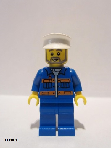 lego 2013 mini figurine cty0426 Cargo Worker Blue Jacket with Pockets and Orange Stripes, Blue Legs, White Hat, Gray Beard 