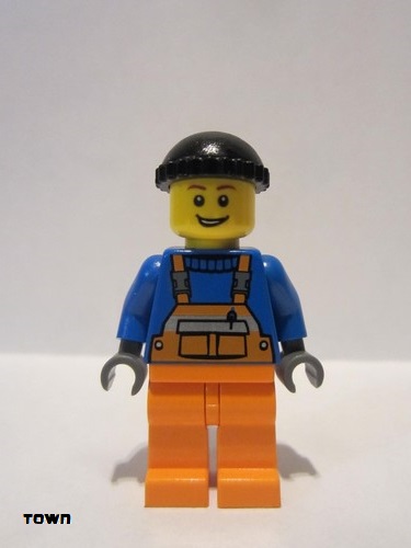 lego 2013 mini figurine cty0427 Cargo Worker Overalls with Safety Stripe Orange, Orange Legs, Black Knit Cap (Dock Worker) 