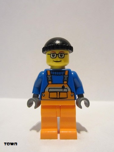 lego 2013 mini figurine cty0428 Cargo Worker Overalls with Safety Stripe Orange, Orange Legs, Black Knit Cap, Glasses (Crane Operator) 