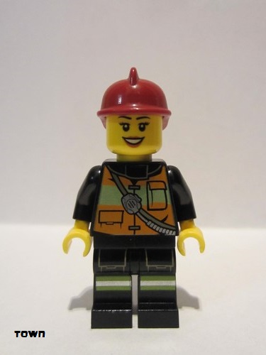 lego 2013 mini figurine cty0434 Fire Reflective Stripe Vest with Pockets and Shoulder Strap, Dark Red Fire Helmet, Black Eyebrows 