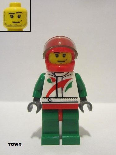 lego 2013 mini figurine cty0435 Race Car Driver White Race Suit with Octan Logo, Red Helmet with Trans-Black Visor, Smirk and Stubble Beard 