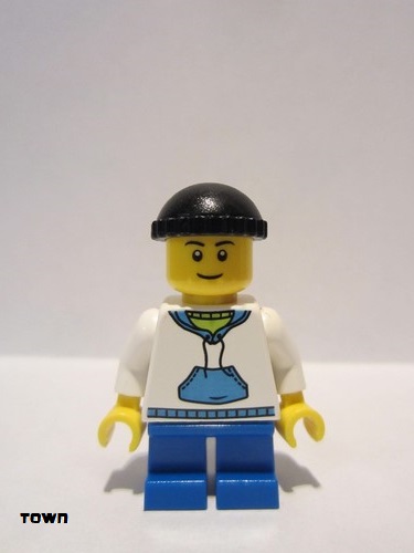 lego 2013 mini figurine cty0438 Citizen White Hoodie with Blue Pockets, Blue Short Legs, Black Knit Cap 