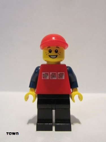 lego 2013 mini figurine cty0447 Citizen Red Shirt with 3 Silver Logos, Dark Blue Arms, Black Legs, Red Short Bill Cap, Freckles 