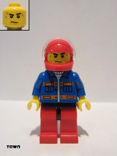 lego 2013 mini figurine cty0533 Citizen Blue Jacket with Pockets and Orange Stripes, Red Legs with Black Hips, Sweat Drops 