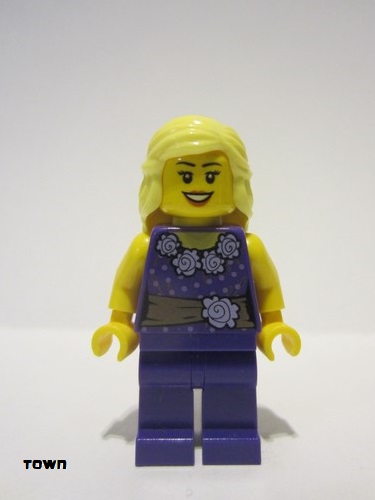 lego 2013 mini figurine cty0550 Citizen Female Dark Purple Blouse with Gold Sash and Flowers, Dark Purple Legs, Bright Light Yellow Female Hair Mid-Length 