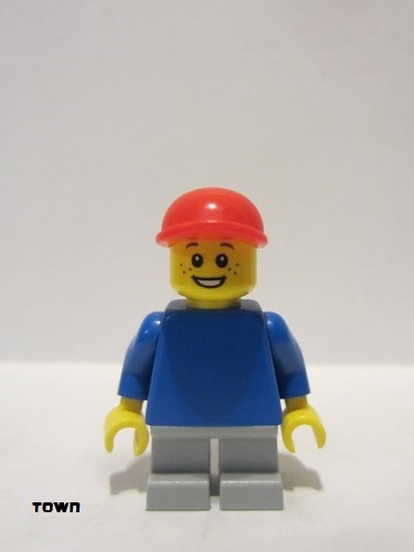 lego 2013 mini figurine pln173 Citizen Plain Blue Torso with Blue Arms, Short Light Bluish Gray Legs, Red Cap 