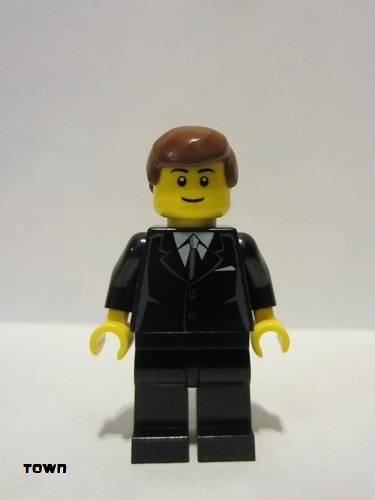 lego 2013 mini figurine twn173 Citizen Suit Black, Reddish Brown Male Hair, Black Eyebrows, Thin Grin 