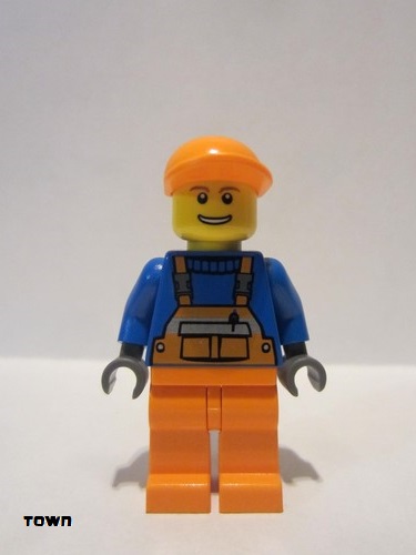 lego 2013 mini figurine twn174 Citizen Overalls with Safety Stripe Orange, Orange Legs, Orange Short Bill Cap, Thin Grin with Teeth 