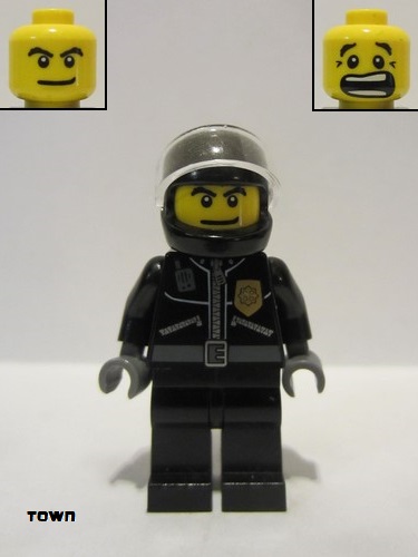 lego 2013 mini figurine twn182 Police City Leather Jacket with Gold Badge, Black Helmet, Trans-Clear Visor 