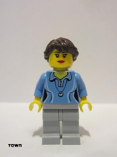 lego 2013 mini figurine twn188 Citizen Medium Blue Female Shirt with Two Buttons and Shell Pendant, Light Bluish Gray Legs, Dark Brown Ponytail Long French Braided 