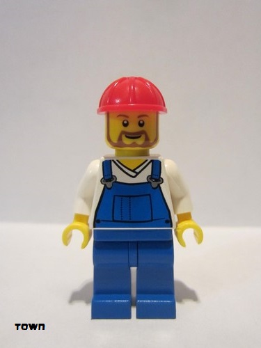 lego 2013 mini figurine twn210 Citizen Overalls Blue over V-Neck Shirt, Blue Legs, Red Construction Helmet, Beard 