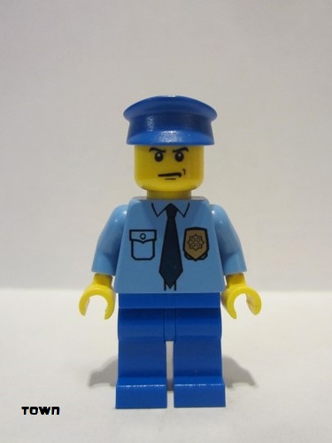 lego 2014 mini figurine cop054 Police City Shirt with Dark Blue Tie and Gold Badge, Blue Legs, Blue Police Hat, Scowl 