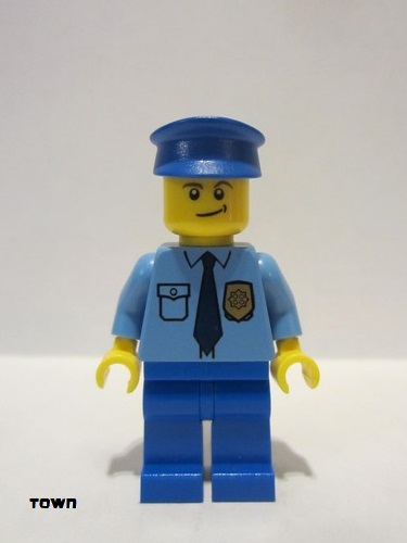 lego 2014 mini figurine cop055 Police City Shirt with Dark Blue Tie and Gold Badge, Blue Legs, Blue Police Hat, Crooked Smile 