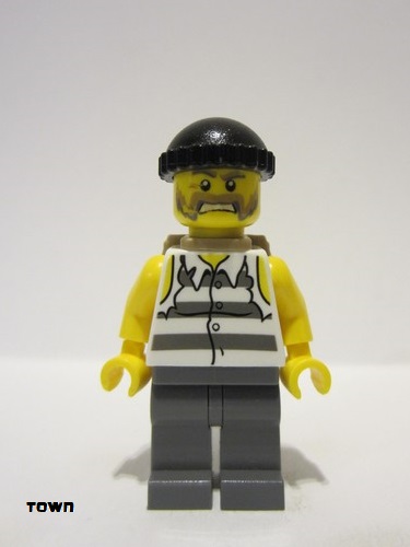 lego 2014 mini figurine cty0448 Police - Jail Prisoner Shirt with Prison Stripes and Torn out Sleeves, Dark Bluish Gray Legs, Black Knit Cap, Backpack 