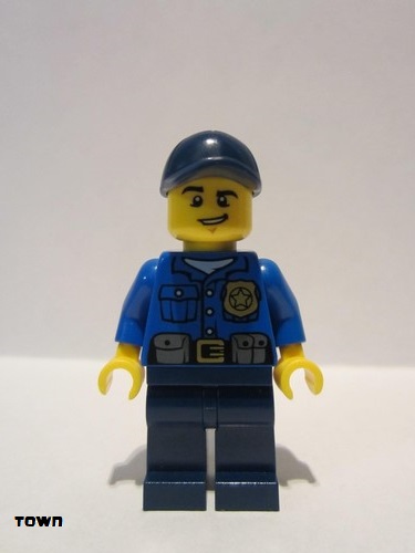 lego 2014 mini figurine cty0454 Police - City Officer Gold Badge, Dark Blue Cap with Hole, Lopsided Grin 