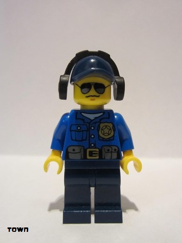 lego 2014 mini figurine cty0455 Police - City Officer Gold Badge, Dark Blue Cap with Hole, Headphones, Sunglasses 