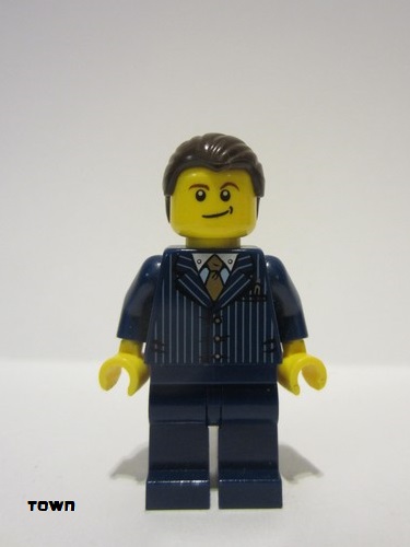 lego 2014 mini figurine cty0460 Businessman Businessman Pinstripe Jacket and Gold Tie, Dark Blue Legs, Dark Brown Hair, Crooked Smile 