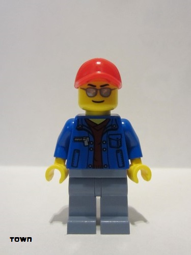 lego 2014 mini figurine cty0461 Citizen Blue Jacket over Dark Red V-Neck Sweater, Sand Blue Legs, Red Cap with Hole, Silver Sunglasses 