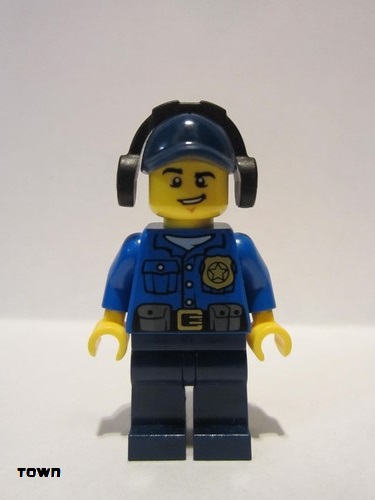 lego 2014 mini figurine cty0464 Police - City Officer Gold Badge, Dark Blue Cap with Hole, Headphones, Lopsided Grin 