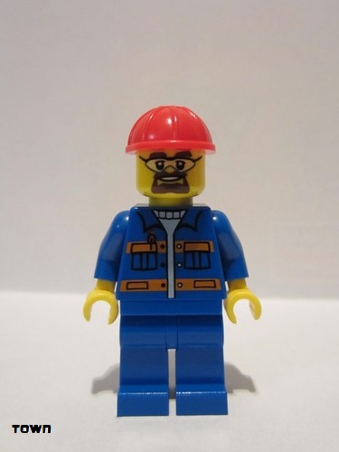 lego 2014 mini figurine cty0471 Citizen Blue Jacket with Pockets and Orange Stripes, Blue Legs, Red Construction Helmet, Safety Goggles 