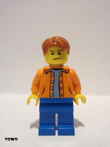 lego 2014 mini figurine cty0473a Citizen Orange Jacket with Hood over Light Blue Sweater, Blue Legs, Dark Orange Short Tousled Hair, Crooked Smile with Brown Dimple 
