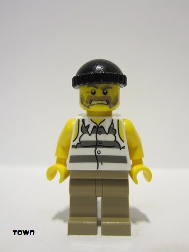 lego 2014 mini figurine cty0479 Police - Jail Prisoner Shirt with Prison Stripes and Torn out Sleeves, Dark Tan Legs, Black Knit Cap 
