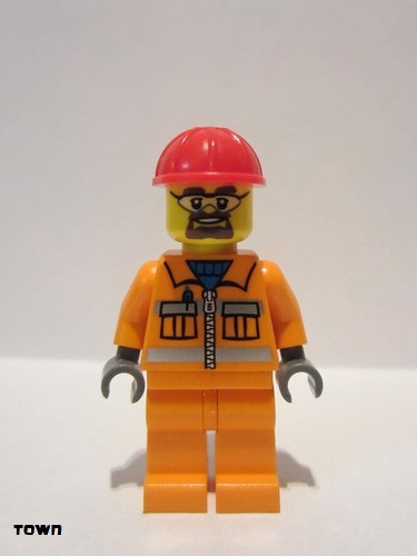 lego 2014 mini figurine cty0483 Construction Worker Orange Zipper, Safety Stripes, Orange Arms, Orange Legs, Red Construction Helmet, Beard and Safety Goggles 