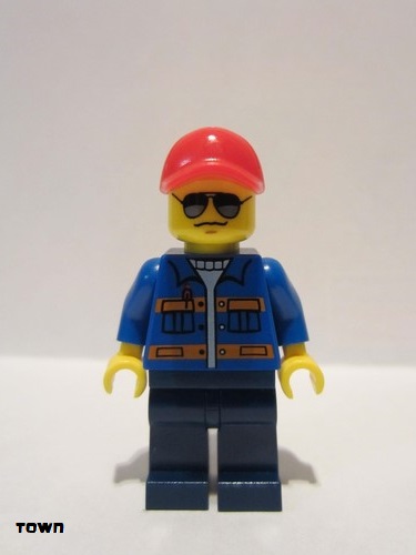 lego 2014 mini figurine cty0500 Citizen Blue Jacket with Pockets and Orange Stripes, Dark Blue Legs, Red Cap with Hole, Sunglasses 