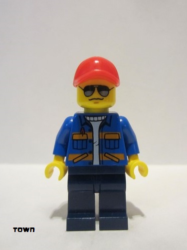 lego 2014 mini figurine cty0500a Citizen Blue Jacket with Pockets and Orange Stripes, Dark Blue Legs, Red Cap with Hole, Sunglasses with Back Print 