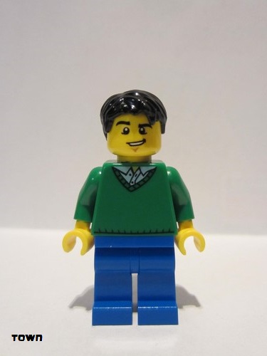 lego 2014 mini figurine cty0503 Citizen Green V-Neck Sweater, Blue Legs, Black Short Tousled Hair, Lopsided Grin 