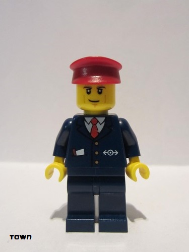 lego 2014 mini figurine cty0505 Citizen Dark Blue Suit with Train Logo, Dark Blue Legs, Dark Red Hat, Cheek Lines 