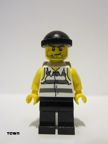 lego 2014 mini figurine jail005 Police - Jail Prisoner Shirt with Prison Stripes and Torn out Sleeves, Black Legs, Black Knit Cap, Open Backpack 