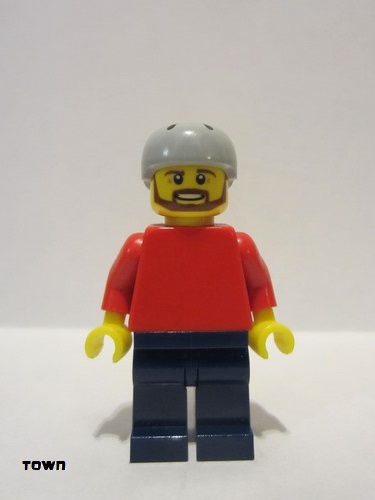 lego 2014 mini figurine pln175 Citizen Plain Red Torso with Red Arms, Dark Blue Legs, Sports Helmet and Brown Beard 