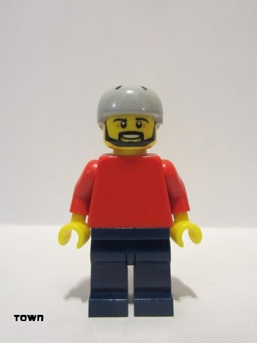 lego 2014 mini figurine pln175a Citizen Plain Red Torso with Red Arms, Dark Blue Legs, Sports Helmet and Black Beard 