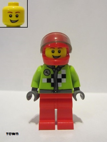 lego 2014 mini figurine rac054 Citizen Lime Jacket with Wrench and Black and White Checkered Pattern, Red Legs, Red Helmet, Trans-Black Visor 