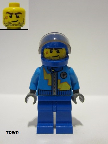 lego 2014 mini figurine rac055 Citizen Dark Azure Race Jacket with Zipper and Yellow Lightning Bolt Pattern, Blue Helmet, Trans-Black Visor 