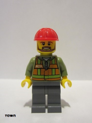 lego 2014 mini figurine trn235 Citizen Light Orange Safety Vest, Dark Bluish Gray Legs, Red Construction Helmet, Brown Beard 