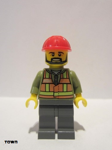lego 2014 mini figurine trn235a Citizen Light Orange Safety Vest, Dark Bluish Gray Legs, Red Construction Helmet, Black Beard 