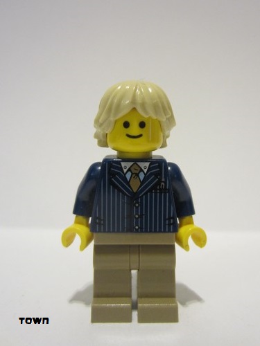 lego 2014 mini figurine twn191 Citizen Businessman Pinstripe Jacket and Gold Tie, Dark Tan Legs, Tan Tousled and Layered Hair 