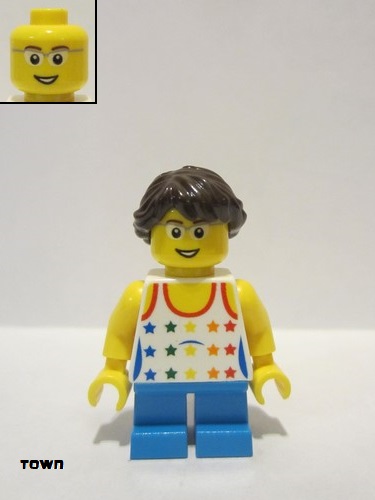 lego 2014 mini figurine twn204 Citizen Shirt with Female Rainbow Stars Pattern, Dark Azure Short Legs, Glasses, Dark Brown Hair 