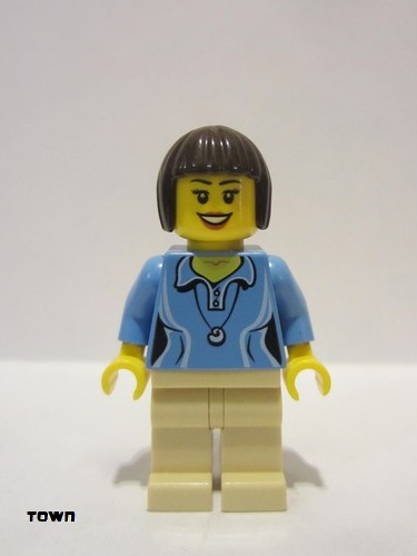 lego 2014 mini figurine twn207 Citizen Medium Blue Female Shirt with Two Buttons and Shell Pendant, Tan Legs, Dark Brown Bob Cut Hair 
