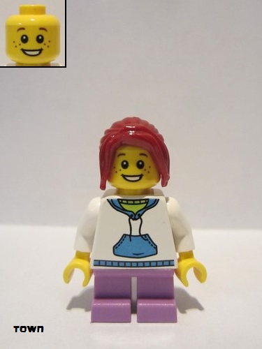 lego 2014 mini figurine twn209 Citizen LegoWhite Hoodie with Blue Pockets, Medium Lavender Short Legs, Dark Red Hair Ponytail Long with Side Bangs 