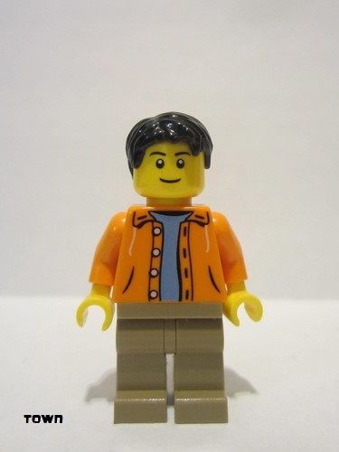 lego 2014 mini figurine twn212 Citizen Orange Jacket with Hood over Light Blue Sweater, Dark Tan Legs, Black Short Tousled Hair 