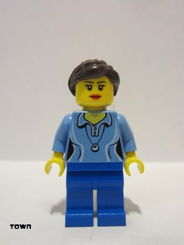 lego 2014 mini figurine twn213 Citizen Medium Blue Female Shirt with Two Buttons and Shell Pendant, Blue Legs, Dark Brown Ponytail and Swept Sideways Fringe 