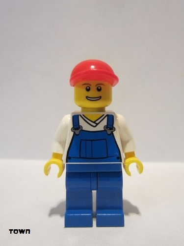 lego 2014 mini figurine twn216 Citizen Overalls Blue over V-Neck Shirt, Blue Legs, Red Short Bill Cap, Grin with Teeth 