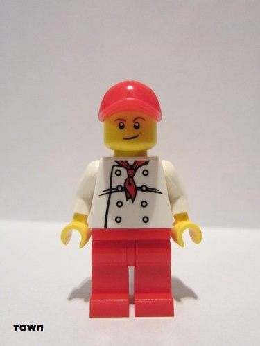 lego 2015 mini figurine chef023 City Square Hot Dog Vendor White Torso with 8 Buttons, Red Legs and Red Cap with Hole 