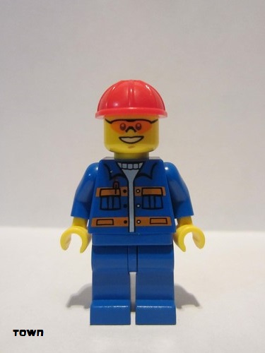 lego 2015 mini figurine con010 Citizen Blue Jacket with Pockets and Orange Stripes, Blue Legs, Red Construction Helmet, Orange Sunglasses 