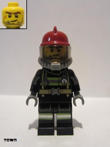 lego 2015 mini figurine cty0524 Fire Reflective Stripes with Utility Belt, Dark Red Fire Helmet, Breathing Neck Gear with Airtanks, Crooked Smile and Scar 